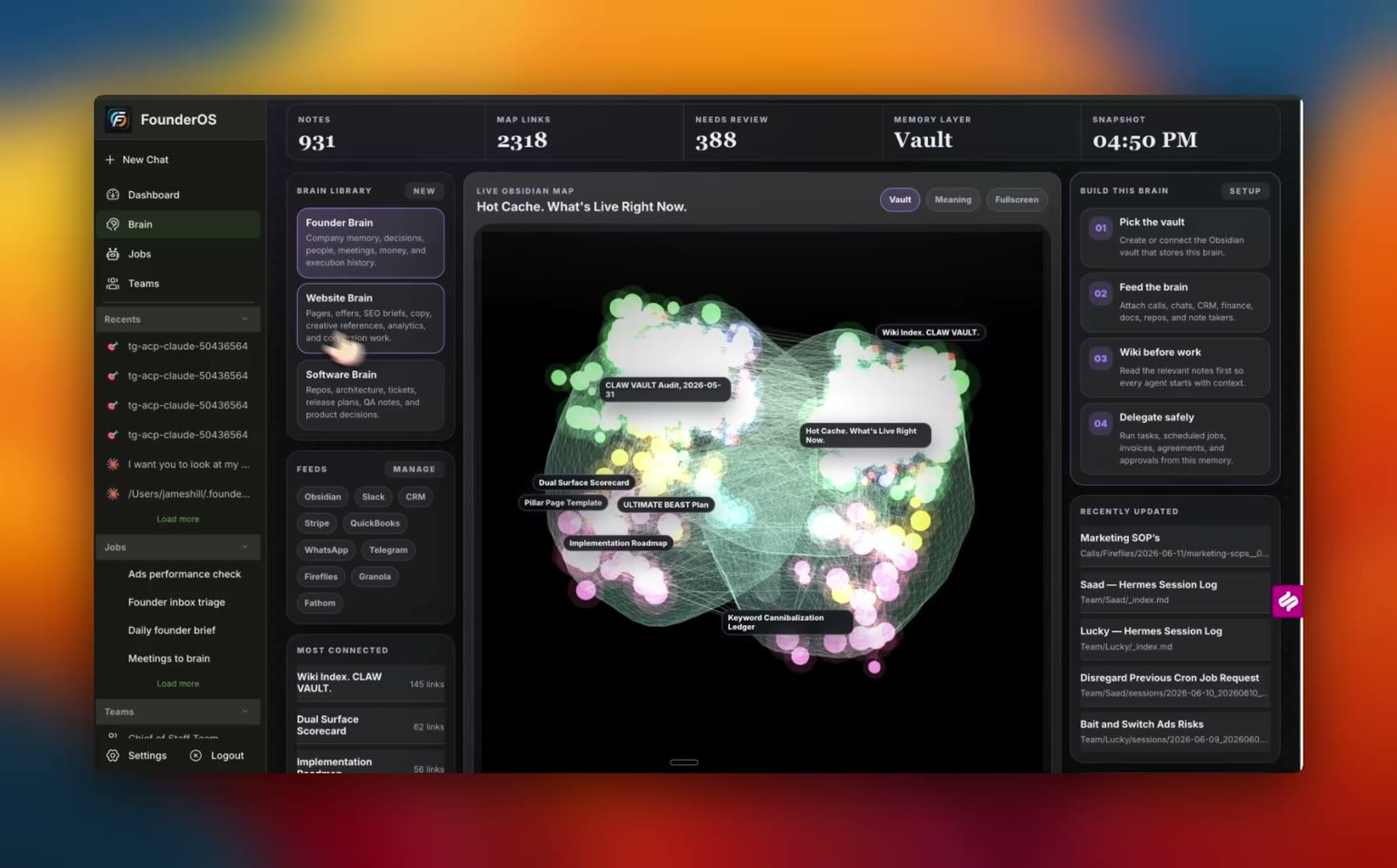 FounderOS command center preview with brain, agent teams, and integrations