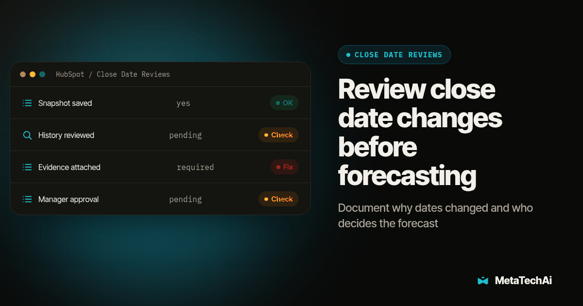 Dashboard panel for Review close date changes before forecasting listing Snapshot saved, History reviewed, Evidence attached, Manager approval