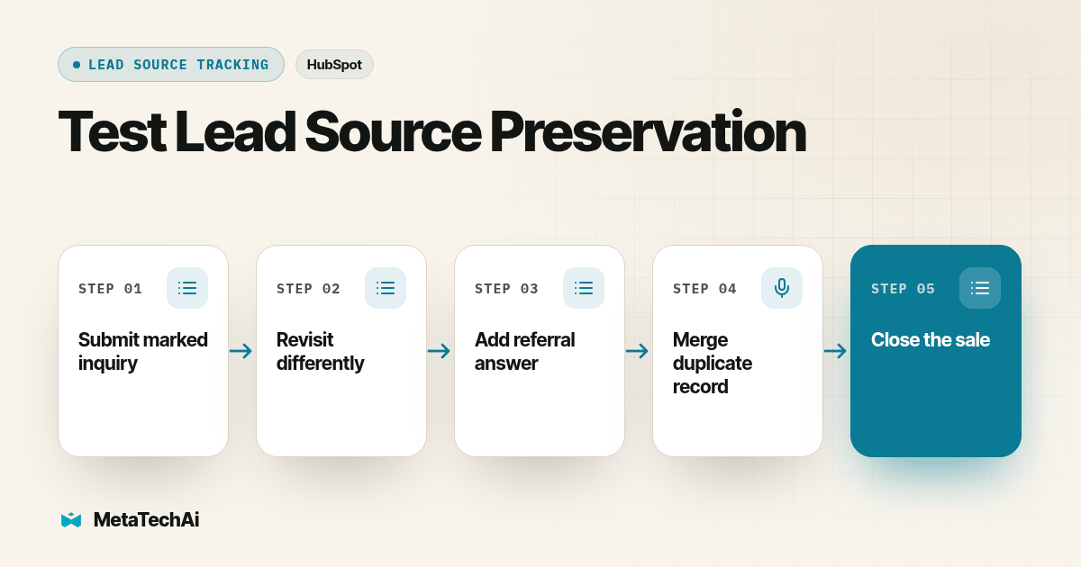 Process diagram for Test Lead Source Preservation: Submit marked inquiry, then Revisit differently, then Add referral answer, then Merge duplicate record, then Close the sale