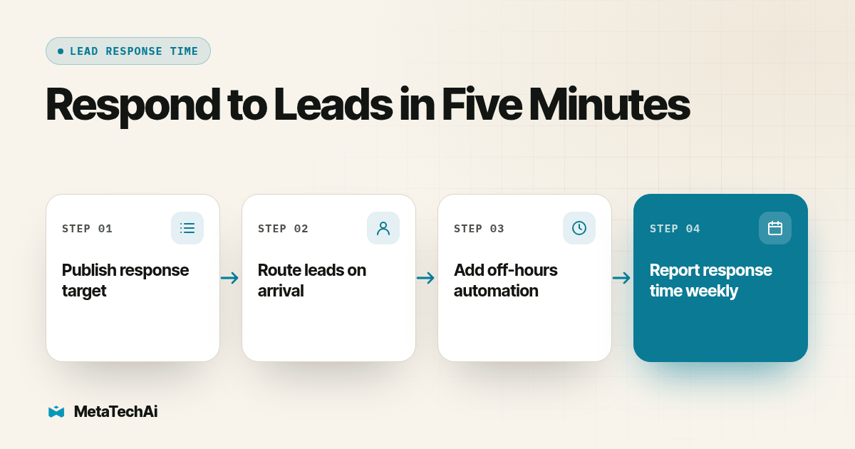 Process diagram for Respond to Leads in Five Minutes: Publish response target, then Route leads on arrival, then Add off-hours automation, then Report response time weekly