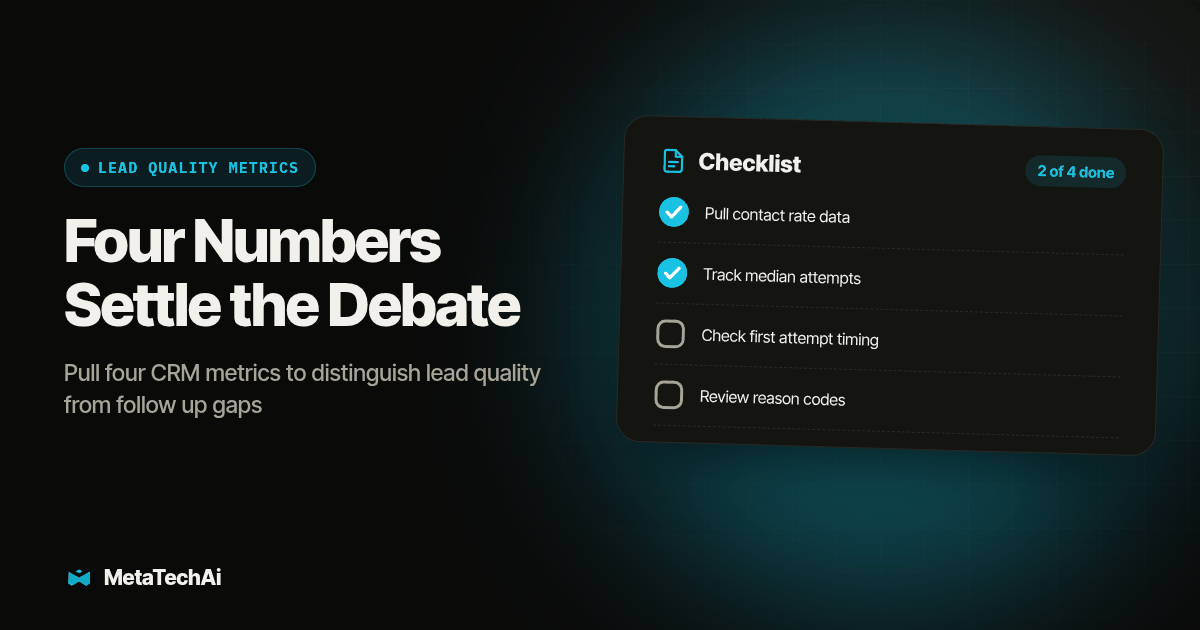 Checklist card for Four Numbers Settle the Debate: Pull contact rate data, Track median attempts, Check first attempt timing, Review reason codes