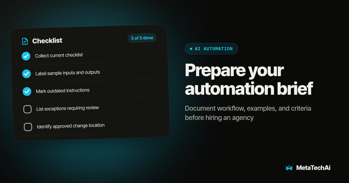 Checklist card for Prepare your automation brief: Collect current checklist, Label sample inputs and outputs, Mark outdated instructions, List exceptions requiring review, Identify approved change location
