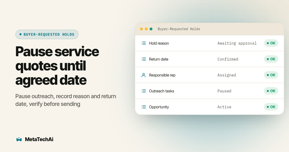 Dashboard panel for Pause service quotes until agreed date listing Hold reason, Return date, Responsible rep, Outreach tasks, Opportunity