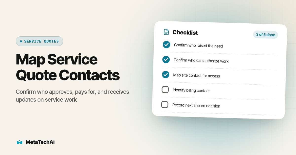 Checklist card for Map Service Quote Contacts: Confirm who raised the need, Confirm who can authorize work, Map site contact for access, Identify billing contact, Record next shared decision